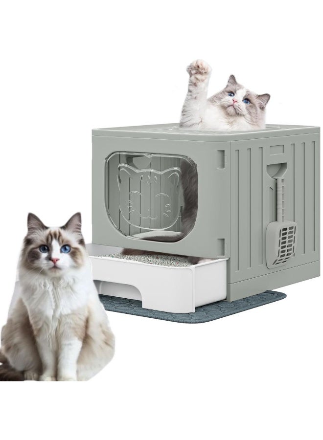 م اكس م صندوق فضلات القطط والحيوانات الأليفة كبير مع غطاء، صندوق فضلات قابل للطي مع درج قابل للسحب، صينية مرحاض القطط المضادة للرذاذ، تصميم سهل التنظيف مع مغرفة وفرشاة رمادي/أبيض (رمادي، كبير) - Image 1